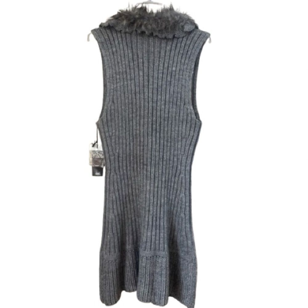 Sioni Y2K Faux Fur Cable Knit Longline Wool Blend Sweater Vest Cardigan SZ XL - Picture 3 of 16